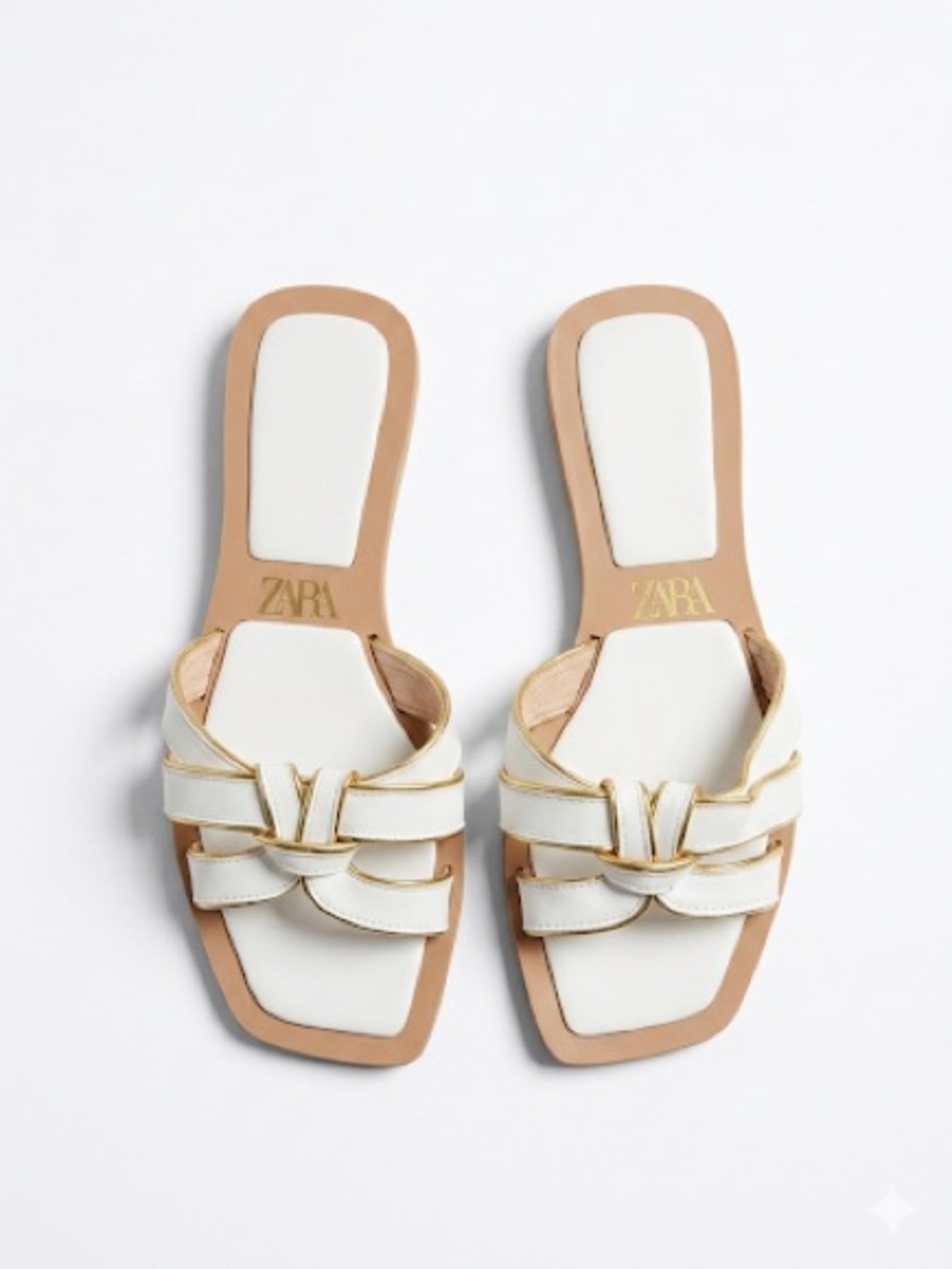 Zara White Leather Knot Slide Sandals with Gold Trim
